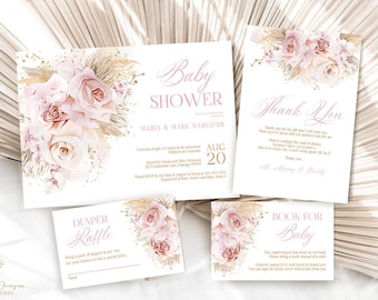 Pampas Grass Baby Shower Invitation Set Bohemian Baby Shower Invitation Suite Boho Shower Invitation Bundle Tropical Desert Baby Shower PGB1