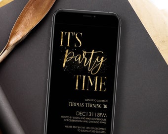 Gold Digital Invitation Template It's Party Time Evite Text Message Phone Invite Birthday Invite Bridal Shower Invitation Digital Mobile AB1