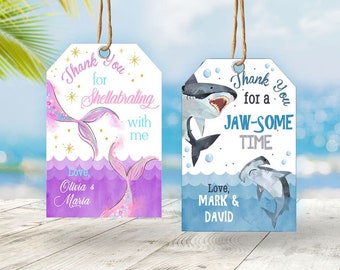 EDITABLE Sharks and Mermaids Birthday Favor Tags, Printable Shark and Mermaid Gift Tags, Sharks Mermaids Pool Party Gift Tag Gift Tags SH1