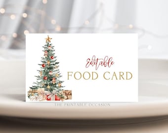 Op de afbeelding: Een witte rechthoekige menukaart met een aquarel illustratie van een kerstboom. De boom is versierd met rode ballen en gouden accenten. De woorden "Editable FOOD CARD" staan op de kaart.