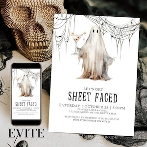 Let&#39;s Get Sheet Faced Halloween Invitation Template Editable Let&#39;s Get Sheet Faced Costumes and Cocktails Invite Ghost Wine Invite Corjl H5A
