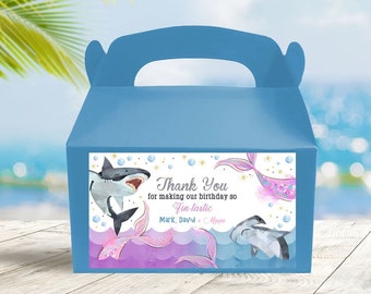 EDITABLE Sharks and Mermaids Birthday Gable Box Label, Printable Mermaid and Sharks Party Favor Labels for Gable Box, Swim Pool Party SH1