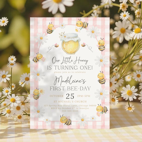 Pink Bee 1st Birthday Invitation Editable First Bee Day Printable Template Girl Daisy Bumblebee Honey Our Little Honey Invite Canva BE5