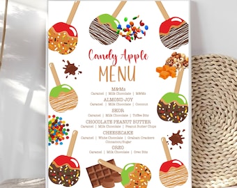 Editable Caramel Apple Bar Menu Sign Candy Apple Bar Sign Caramel Apple Menu Sign Candy Apple Station Birthday Party Baby Shower Bonfire CA3