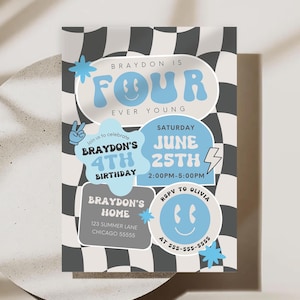 Boy Fourth Birthday Invite Four Ever Young Birthday Invitation Smile Face Retro Birthday Editable Digital Template Canva Invitation TW6