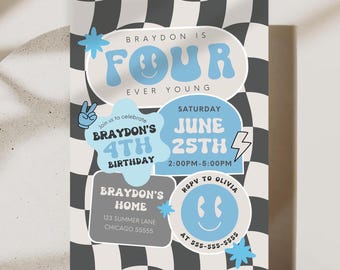 Jongen vierde verjaardag uitnodiging vier Ever Young verjaardagsuitnodiging glimlach gezicht retro feest bewerkbare digitale sjabloon Canva uitnodiging TW6