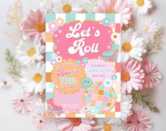 Editable Roller Skate Birthday Invite Girl Retro Template Canva Daisy Birthday Invite Retro Roller Rainbow Girl Birthday Skate Party TW3