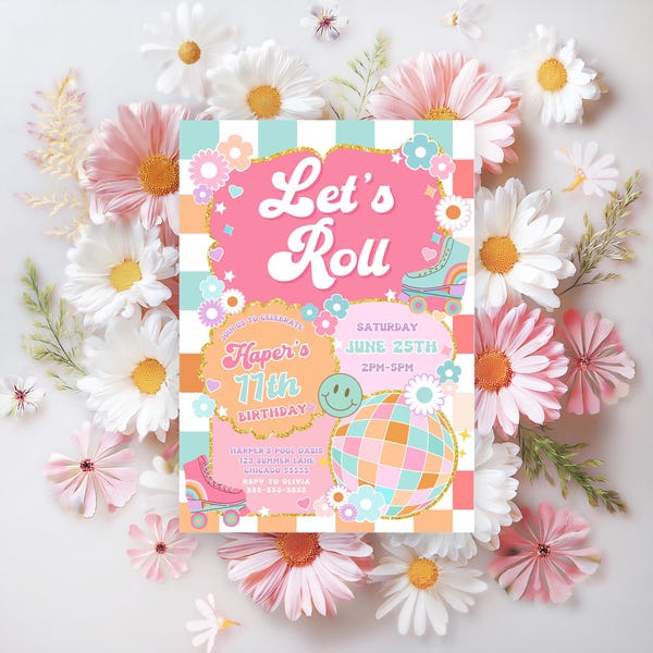 Editable Roller Skate Birthday Invite Girl Retro Template Canva Daisy Birthday Invite Retro Roller Rainbow Girl Birthday Skate Party TW3