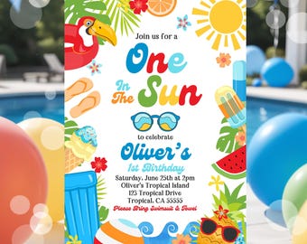 Boys One In The Sun 1st Birthday Party Invitation Tropical Summer Splish Splash Boy 1st Birthday Party Pool Party Instant Download P9A