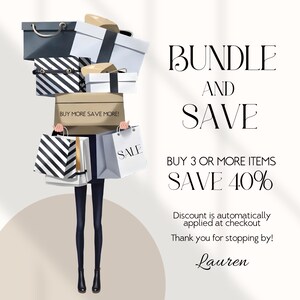 May include: A woman is holding a stack of gift boxes and shopping bags. The text on the boxes and bags reads "Buy More Save More!" and "Sale". The text on the sign reads "Bundle and Save, Buy 3 or More Items Save 40%. Discount is automatically applied at checkout. Thank you for stopping by! Lauren."