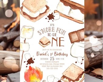 Smores Birthday Invitation Bonfire Birthday Invite Smore Fun to be One Backyard Camping Party Fall Camp Outdoor Campfire Editable Canva SM3