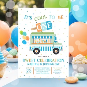 Editable Popsicle Truck 1st Birthday Invitation, It's Cool to be ONE Invitation, Sweet Celebration, Boy Popsicle Invite, Summer Birthday PS1