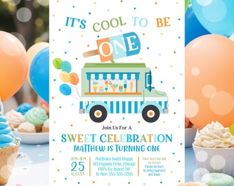 Editable Popsicle Truck 1st Birthday Invitation, It's Cool to be ONE Invitation, Sweet Celebration, Boy Popsicle Invite, Summer Birthday PS1
