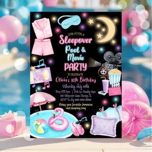 Editable Sleepover Birthday Invite Slumber Pool Party Birthday Invitation Girl Movie Night Tween Teen Glow Digital Download Template SO2