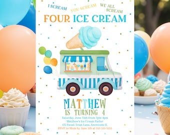 May include: A colorful invitation for a 4th birthday party with an ice cream truck theme. The invitation features a blue and white ice cream truck with a green roof and a scoop of ice cream on top. The text on the invitation reads "I scream, you scream, we all scream, four ice cream. Matthew is turning 4. Saturday, June 25th from 2pm-4pm. Matthew's Ice Cream Parlor. 123 Sweet Treat Lane, Snowcone IL. RSVP to Mom by June 5th at 555-555-5555."