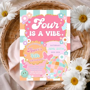 Editable Four Is A Vibe Checkered Smile Face Birthday Invitation Groovy Retro Fourth Birthday Emoji Canva Invitation Girl 4th Birthday TW3