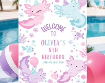 Axolotl Birthday Welcome Sign Editable Axolotl Party Welcome Poster Girl Axolotl Birthday Decor Axolotl Party Sign Printable Canva AX1