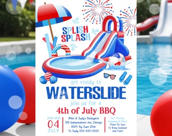 4th of July Waterslide Party Invitation Template, Editable Pool Party Invitation, Waterslide Party, 4th of July Waterslide Birthday Party