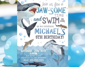 Shark Birthday Invitation Shark Invitations Shark Invites Pool Party Shark Invite Swim Party Shark Birthday Party Corjl Instant Download SHK