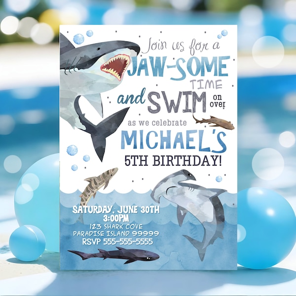 Shark Birthday Invitation Shark Invitations Shark Invites Pool Party Shark Invite Swim Party Shark Birthday Party Corjl Instant Download SHK