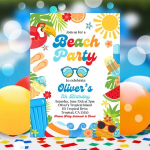 EDITABLE Beach Birthday Party Invitation Tropical Splish Splash Boy&#39;s Beach Party Invite Boys Summer Party At The Beach Instant Download P9A