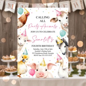 Editable Calling All Party Animals Farm Girl Birthday Invitation Pink Farm Birthday Party Invite Farm Animals Birthday Invitation Canva