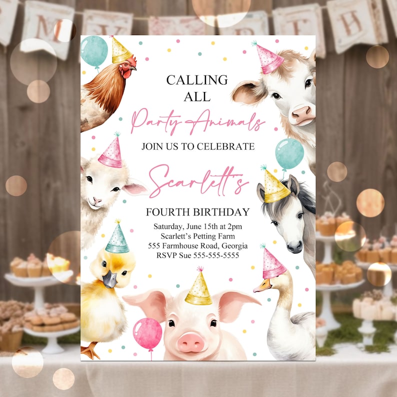 Editable Calling All Party Animals Farm Girl Birthday Invitation Pink Farm Birthday Party Invite Farm Animals Birthday Invitation Canva