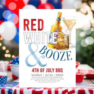 May include: Invitation to a 4th of July BBQ with the text "Red White & Booze" in red, white, and blue. The invitation features a watercolor illustration of a bottle of liquor and two glasses of cocktails.