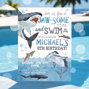 Shark Birthday Invitation Shark Invitations Shark Invites Pool Party Shark Invite Swim Party Shark Birthday Party Corjl Instant Download SHK