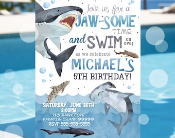 Shark Birthday Invitation Shark Invitations Shark Invites Pool Party Shark Invite Swim Party Shark Birthday Party Corjl Instant Download SHK
