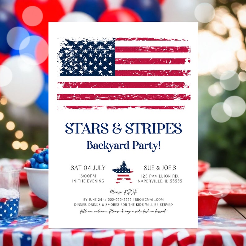 EDITABLE 4th of July Invitation Template, Printable Fourth of July Invitation, American Flag BBQ Invitation Evite Instant Distressed Flag P1 image 2
