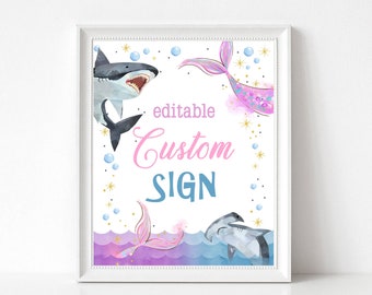 EDITABLE Sharks and Mermaids Birthday Party Table Sign, Sharks and Mermaids Printable Party Sign, Brother Sister Sibling Party Sign SH1