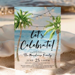 Set the vibe for a laid-back beach party with this editable tropical summer celebration invitation! Featuring palm trees, ocean waves, and string lights, this watercolor beach BBQ invite is perfect for a family gathering, summer cookout, bonfire party, or coastal birthday celebration. Whether you're hosting a grill and chill beach bash, a sunset bonfire, or a tropical luau, this stylish design captures the relaxed, fun atmosphere.