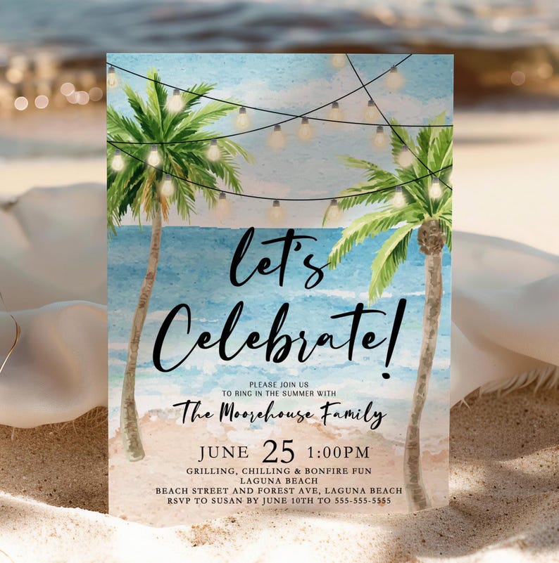 Set the vibe for a laid-back beach party with this editable tropical summer celebration invitation! Featuring palm trees, ocean waves, and string lights, this watercolor beach BBQ invite is perfect for a family gathering, summer cookout, bonfire party, or coastal birthday celebration. Whether you're hosting a grill and chill beach bash, a sunset bonfire, or a tropical luau, this stylish design captures the relaxed, fun atmosphere.