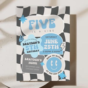 Boy Five is a Vibe Birthday Invite 5th Birthday Invitation Smile Face Retro Birthday Editable Digital Canva Template Instant Download TW6