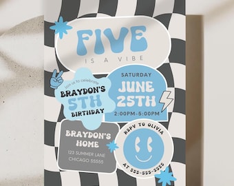 Boy Five is a Vibe Birthday Invite 5th Birthday Invitation Smile Face Retro Birthday Editable Digital Canva Template Instant Download TW6