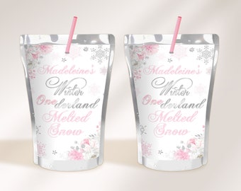 EDITABLE Winter ONEderland Juice Pouch Pink & Silver Winter ONEderland Juice Pouch Label Floral Winter ONEderland Party Instant Download WL2