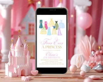 Editable Princess Birthday Invitation Four Ever a Princess Party Template Pink Princess Invite Fairytale Birthday Digital Download Canva PD1