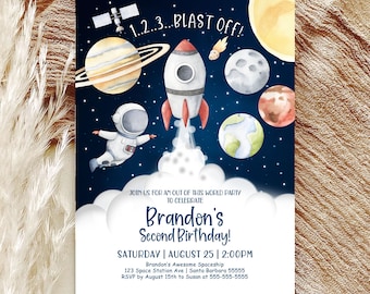 Editable Outer Space Any Birthday Invitation Galaxy Blast Off First Trip Around the Sun Download Printable Template Digital Corjl SP1