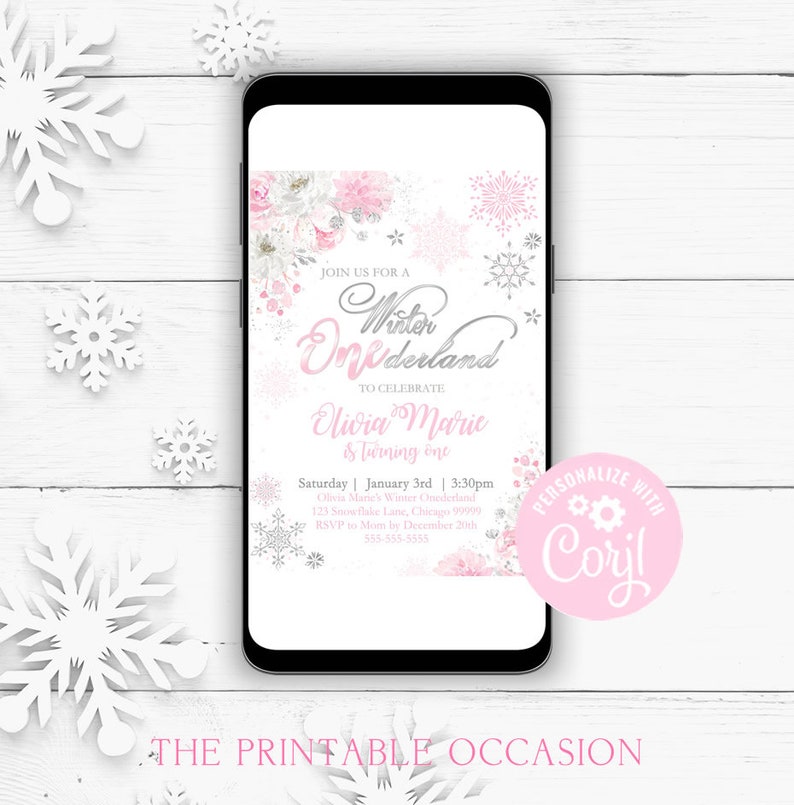 EDITABLE Winter ONEderland Invitation Pink & Silver Winter ONEderland Invitation Floral Winter ONEderland Party Instant Download Corjl WL2 image 3