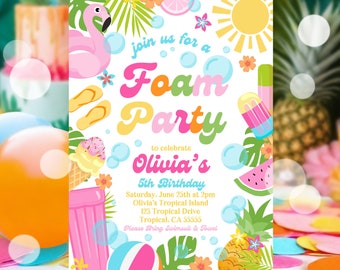 EDITABLE Foam Birthday Party Invitation Tropical Pool Foam Girly Pool Party Invite Summer Splash Pad Party Instant Download P5