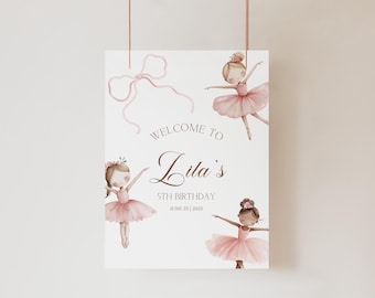 Boho Ballerina Birthday Welcome Sign Template Girl Ballet Birthday Welcome Poster Pink Ballet Tutu Party Sign Editable Dance and Twirl BD1