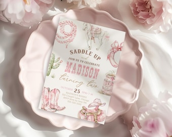 Roze rodeo tweede verjaardagsuitnodiging Cowgirl 2e verjaardagsfeestje thema Cowgirl westerse verjaardag uitnodigen schattige rodeo Instant Download Canva CG1