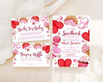 Editable Valentine's Baby Shower Invitation Bundle, Printable Girl Little Sweetheart Baby Shower Invite Set, Pink Red Hearts VD2