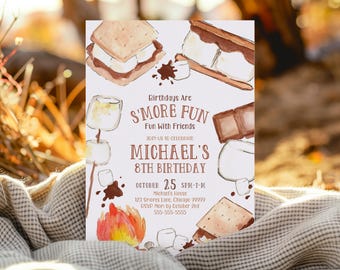 Kids Smores verjaardagsuitnodiging sjabloon afdrukbare Smores uitnodigen achtertuin vreugdevuur bewerkbare uitnodiging Canva Instant Download SM3