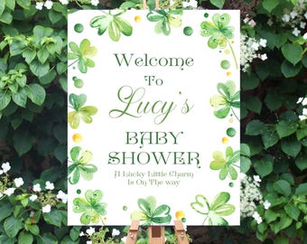 St Patricks Day Welcome Sign Lucky Little Charm Baby Shower Welcome Sign Template Green Irish St Patricks Shamrock Baby Shower Poster ST2