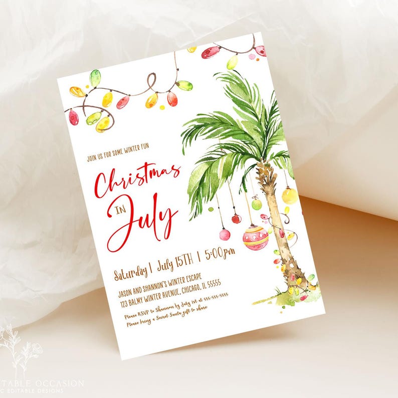 Editable Palm Tree Christmas Invitation Printable Christmas In July Invitation Tropical Christmas Party Invite Palm Tree Holiday Invite