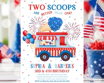 Editable Ice Cream Truck Twin Birthday Invitation 4th Of July Twin Ice Cream Birthday Invitation Two Scoops Are Better Than One Twin P2