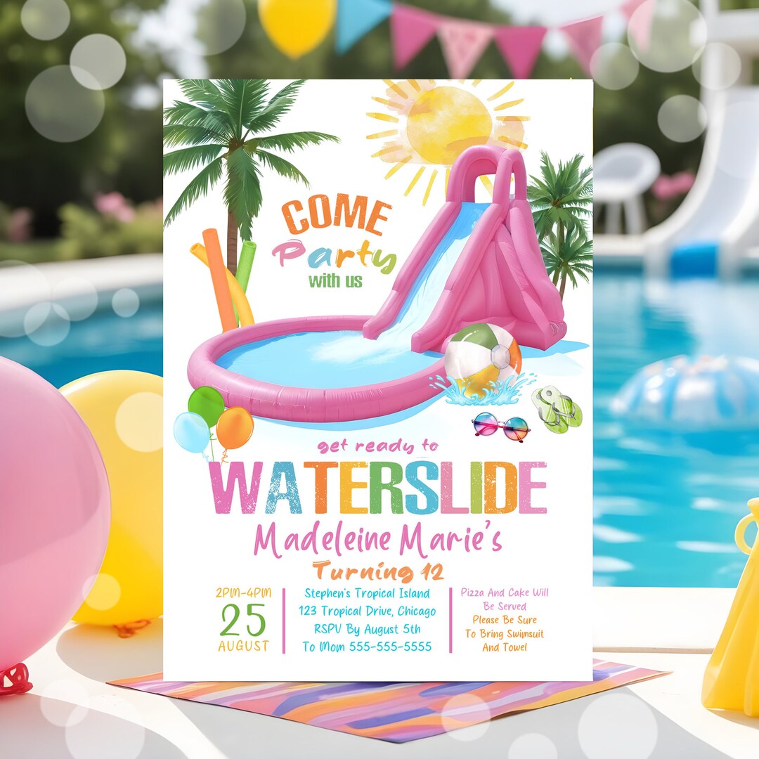 Printable Water Slide Birthday Splash Party Invitation Pink ANY AGE ...