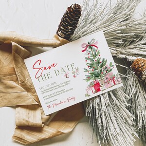 May include: A white Save the Date card featuring a watercolor Christmas tree with red and pink gifts, topped with a bow. Text includes: Save the Date, DEC 23 8PM, The Annual Moorhouse Charity Event, 123 Celebration Lane, Chicago 55555, RSVP by the 10th of December to Susan Moorhouse at 555-555-5555, Black Tie Attire, The Moorhouse Family.